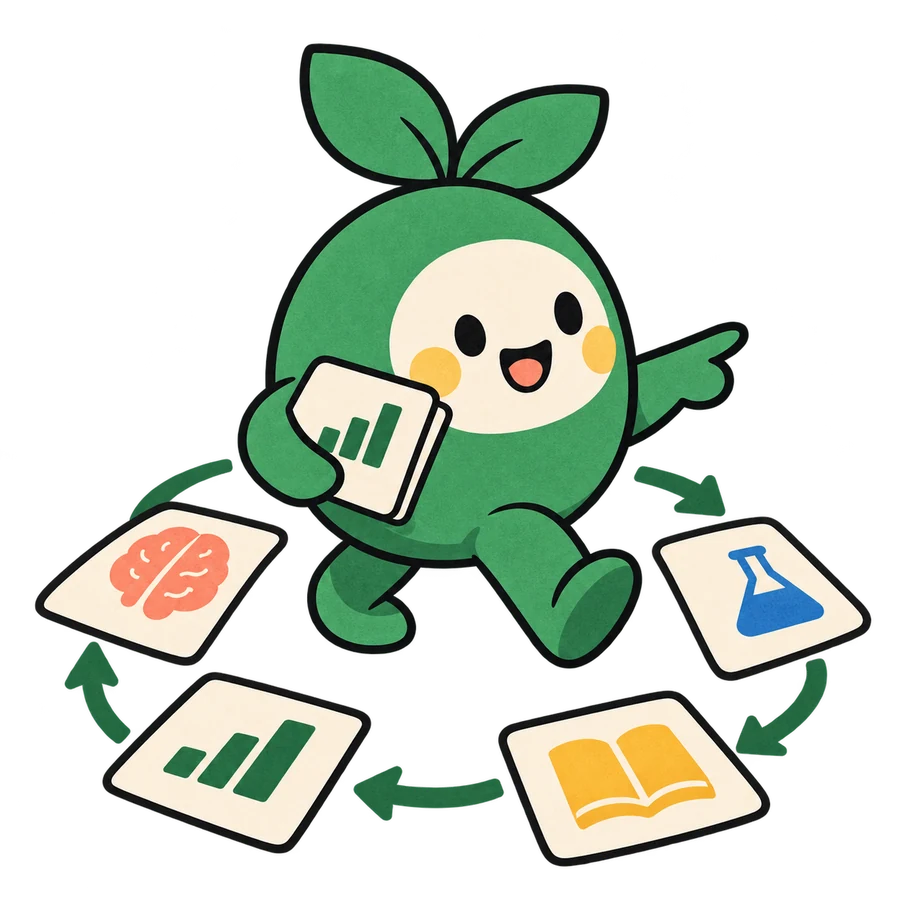 The Syllabloom companion carrying study cards around the learning loop