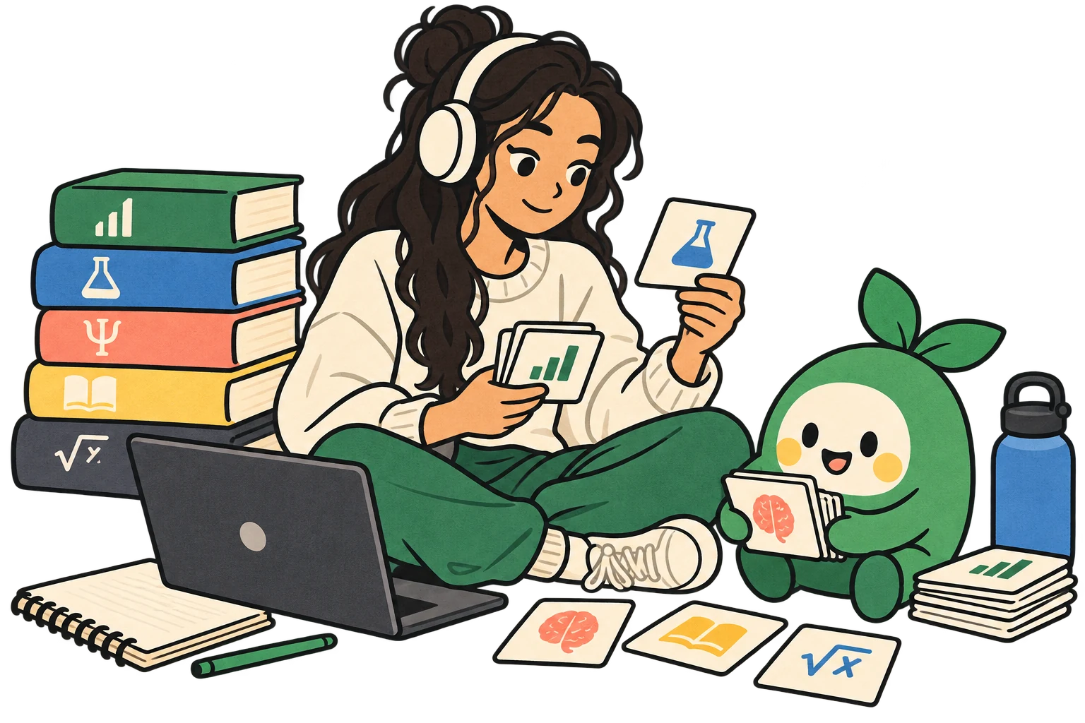 A college student and the Syllabloom study companion organizing cards from several subjects