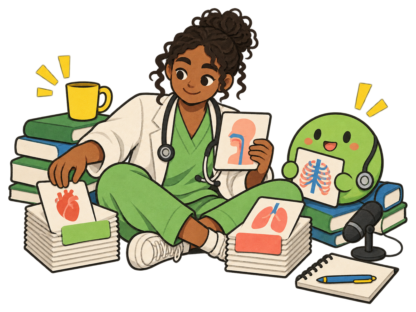 A medical student and a small green study companion sorting anatomy flashcards